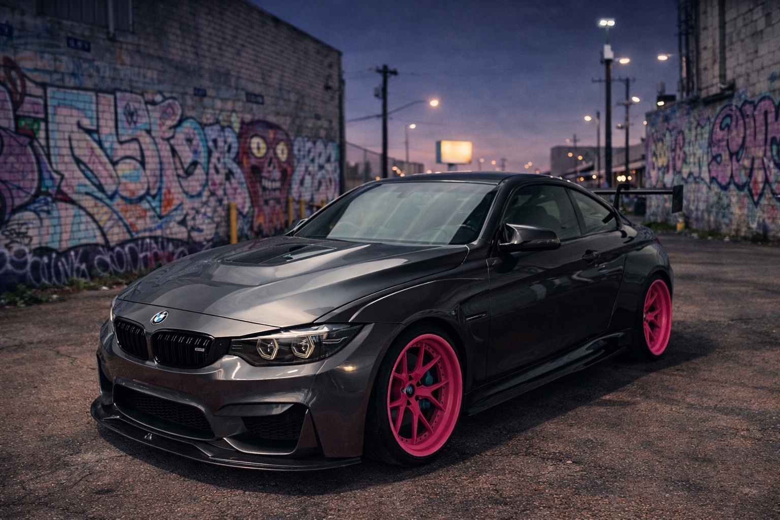 BMW M4 with custom pink wheels against a mural wall at dusk