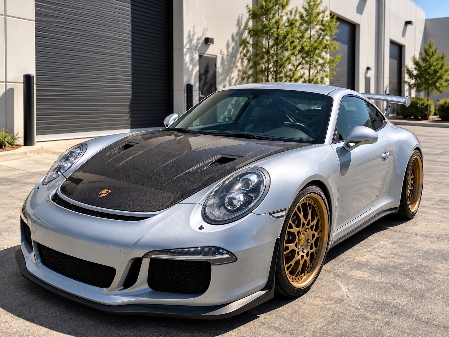 Silver Porsche 911 with carbon-fiber hood and bronze wheels